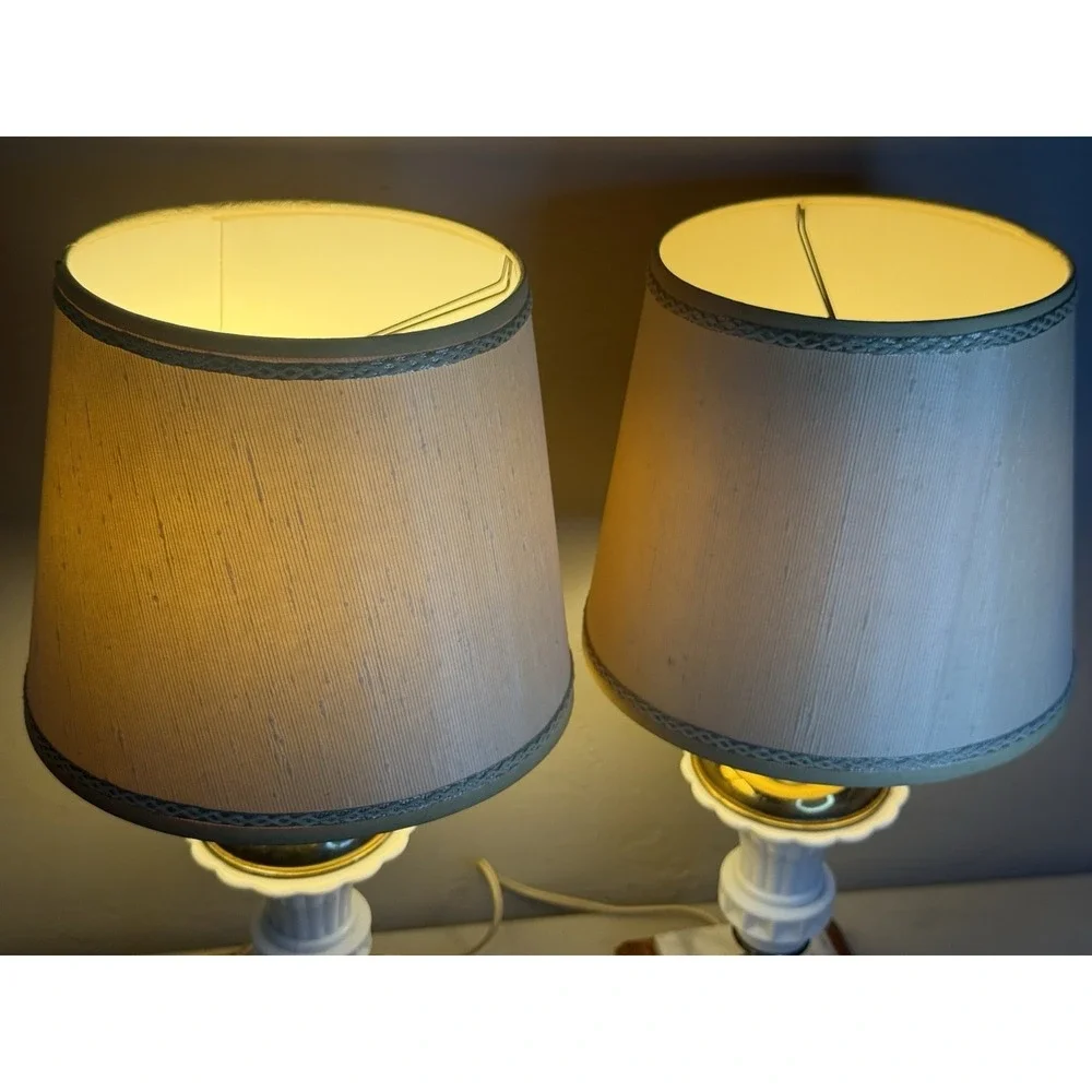 Vintage Milk Glass Brass Urn Table Lamps Marble Wood Base Mid Century Set